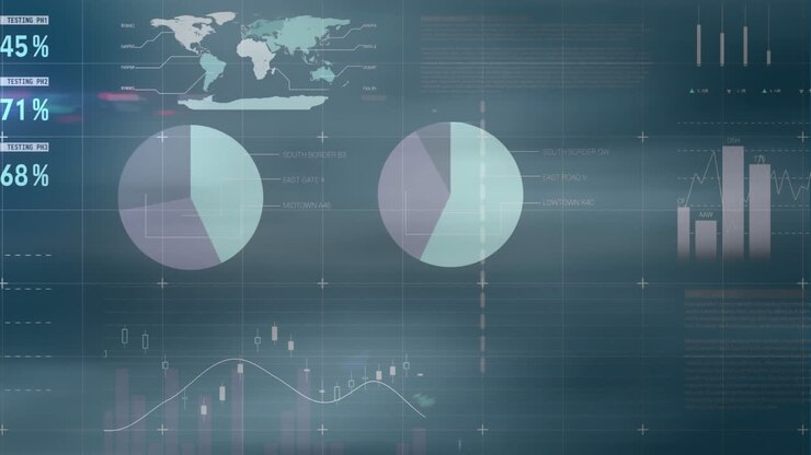 Animation of financial data processing over grey background