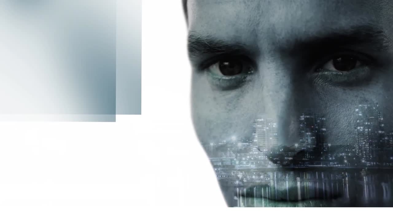 animación del paisaje urbano y manchas rojas sobre la cara del hombre