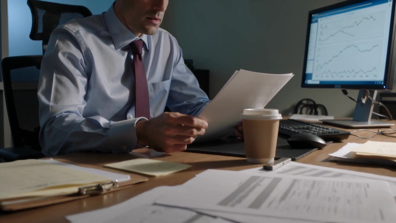 Hands entering, man in shirt tie flipping reports at desk, comparing charts, copy space