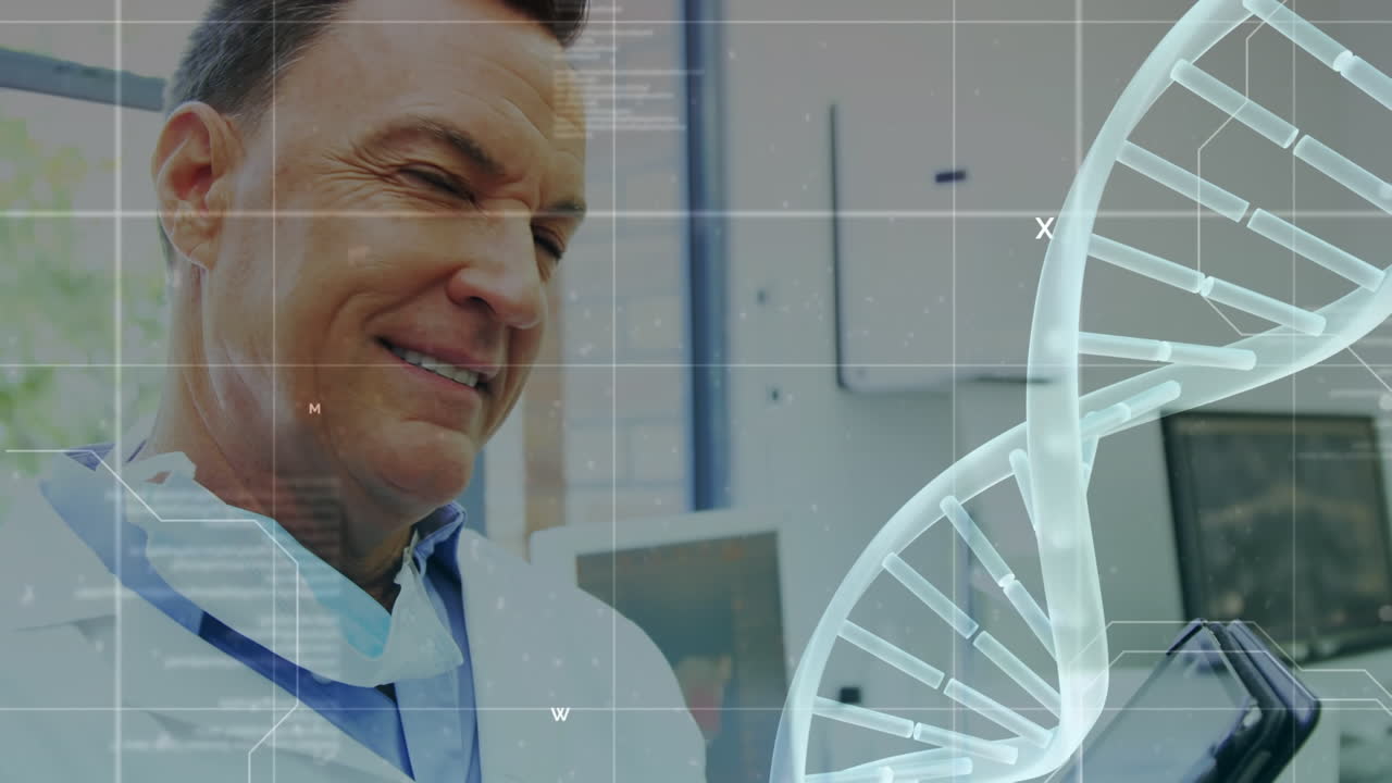 Animazione di elaborazione dati medici su un dentista caucasico uomo
