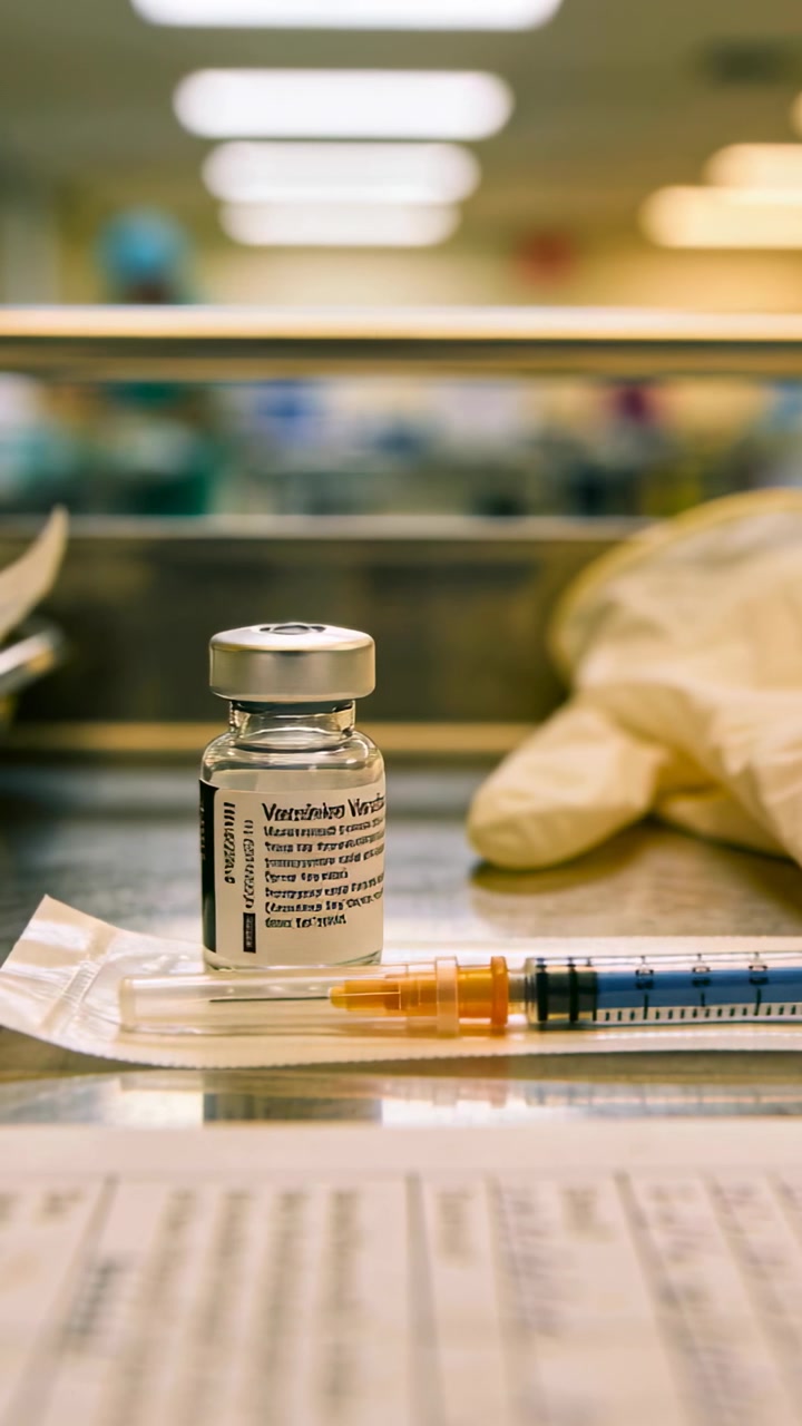 Vertical video: Cam filming vial,syringe on counter for vaccine, staff in scrubs moving beyond rail