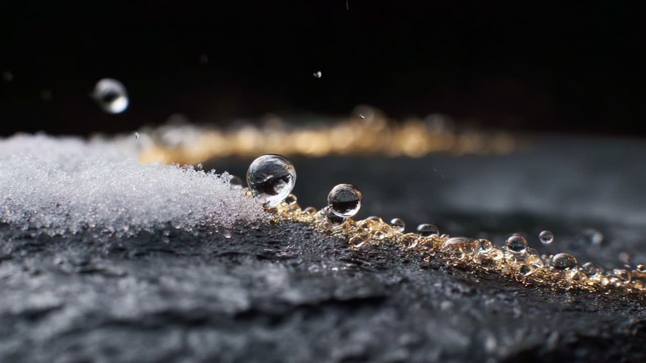 Glistening Water Droplets on a Dark Surface Surrounded by Soft Snow and Golden Accents Captured in Macro Photography