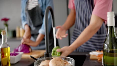 Midsection-of-diverse-couple-in-aprons-preparing-vegetables-and-talking-in-kitchen,-slow-motion