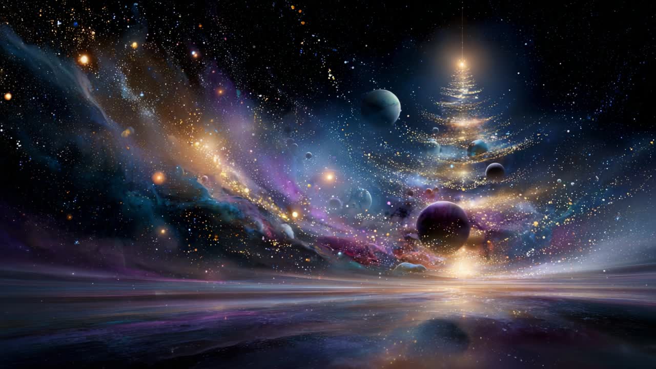 A Cosmic Journey Through the Universe: An Ethereal Christmas Tree of Stars Shines Bright in a Galactic Wonderland, Surrounded by Mystical Planets and Resplendent Colors of Space, A True Visual Sublime in the Night Sky