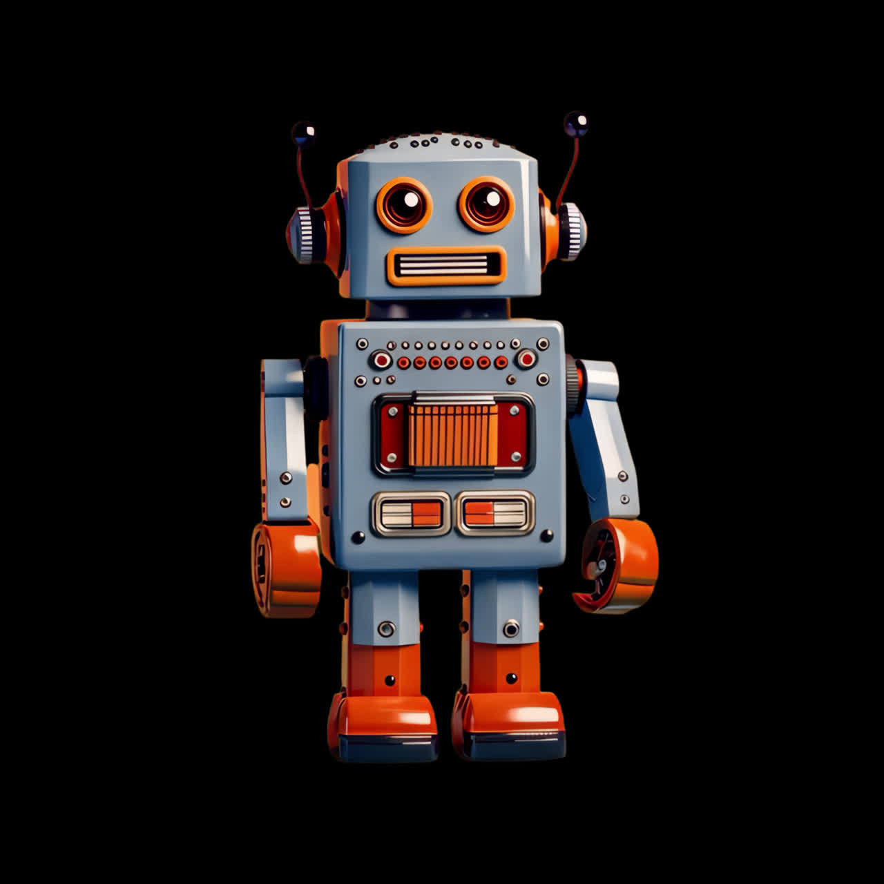 Retro robot toy on yellow animation isolated asset, transparent 4K video, alpha channel, ProRes 4444