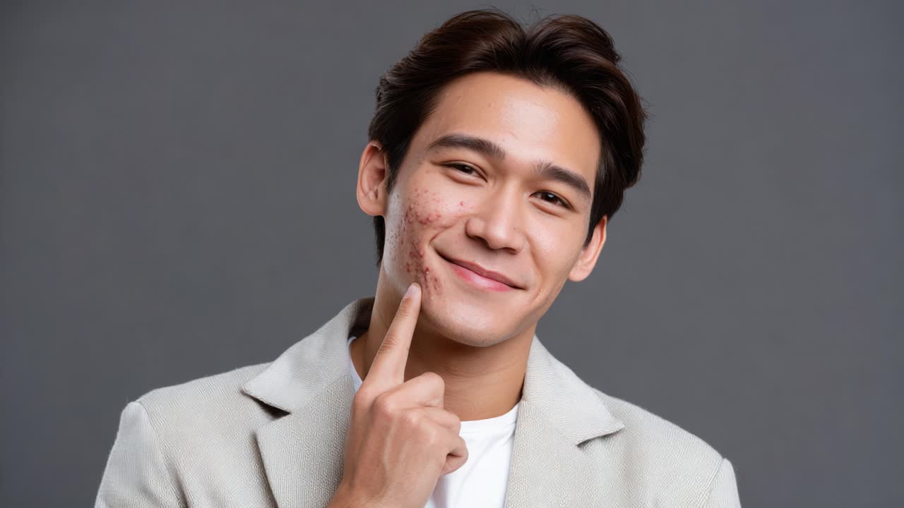 A Young Man Smiling Confidently While Pointing at His Skin, Highlighting Personal Journey of Acne Treatment and Self-Acceptance Through a Positive Attitude