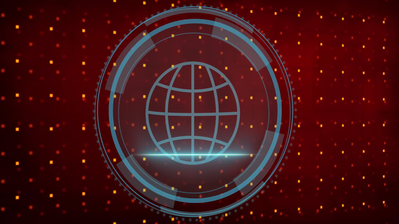 Glowing globe icon with digital network animation over red background with dots
