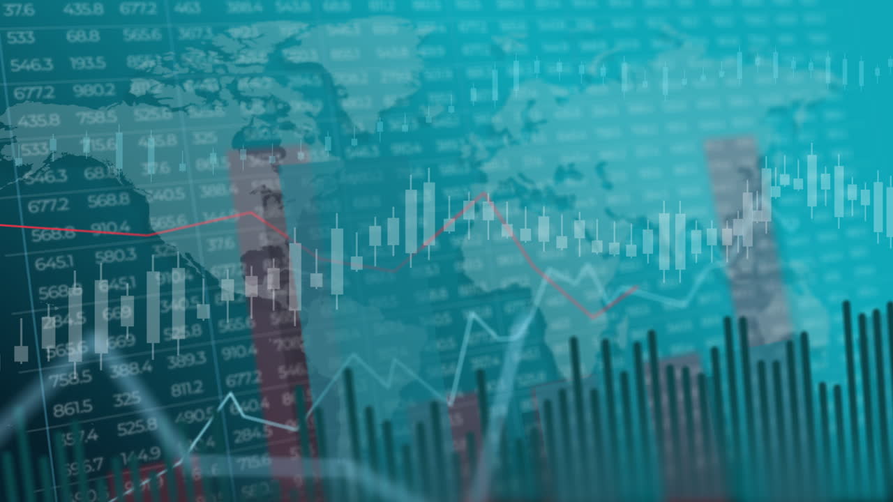 Digital financial chart of investment trends. Color stock 3D graphics with numbers and variable data. Looped background for business in red and blue colors.