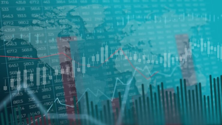 Digital financial chart of investment trends. Color stock 3D graphics with numbers and variable data. Looped background for business in red and blue colors.