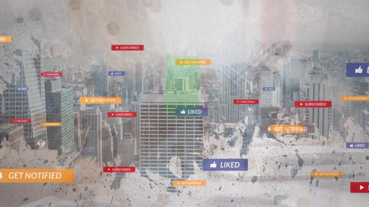 도시 풍경 위의 미디어 아이콘의 애니메이션