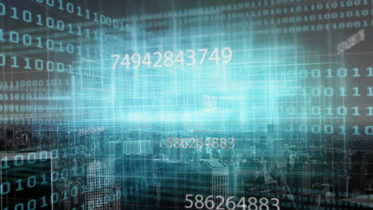 On start binary code scrolling over skyline grid appearing and updating numbers visualizing data