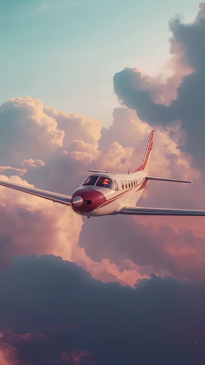 Vertical video: Flying pilot with headset guiding jet through cumulus at dawn, camera tracking