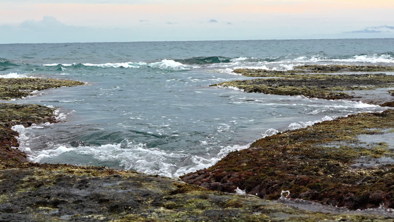 slowmotion shot of a reef shore being covered and uncovered by passing waves