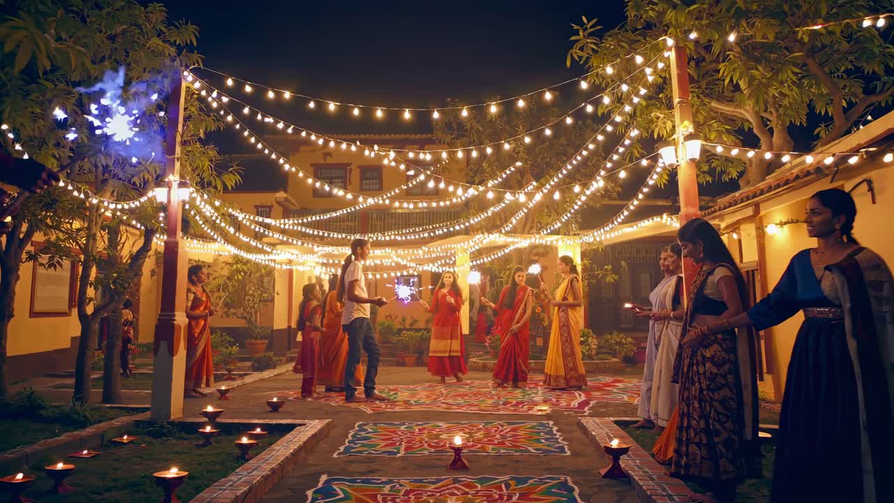 Festive night scene video with a low-angle view, showcasing people in traditional attire