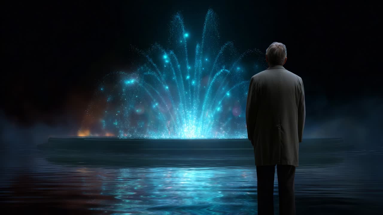 A solitary figure gazes at a mesmerizing water fountain illuminated by brilliant blue lights, reflecting on a tranquil surface, encapsulating a moment of introspection and wonder as the water streams and dances in the dark