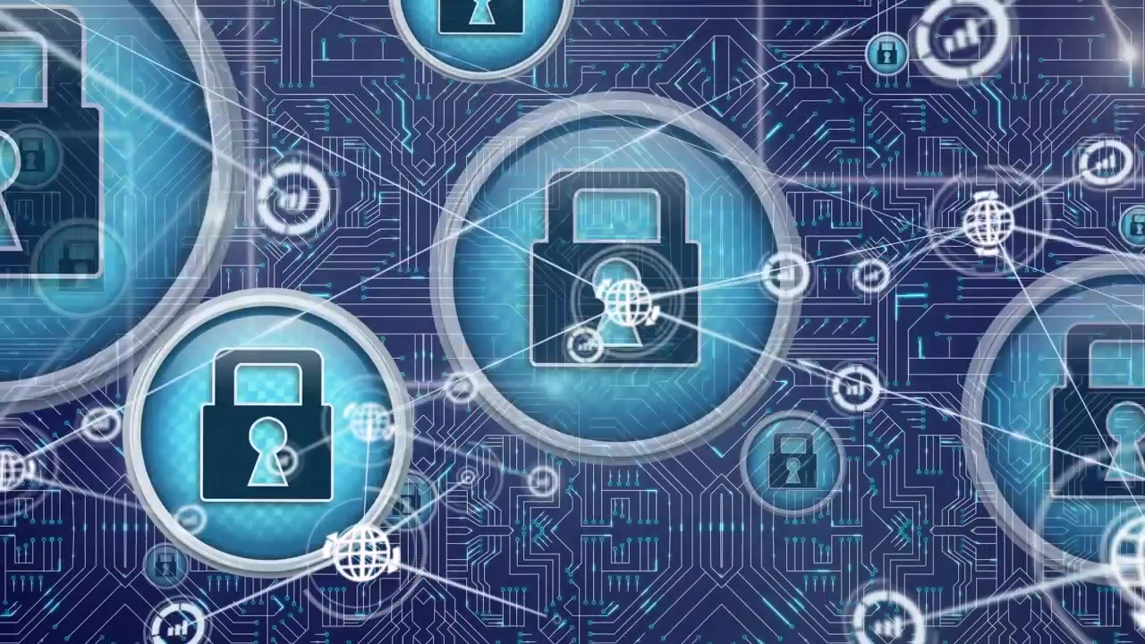Animation of network of connections over padlocks and data processing