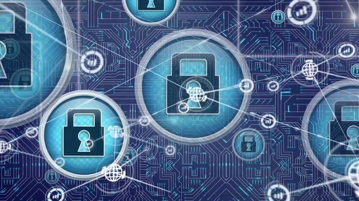 Animation of network of connections over padlocks and data processing