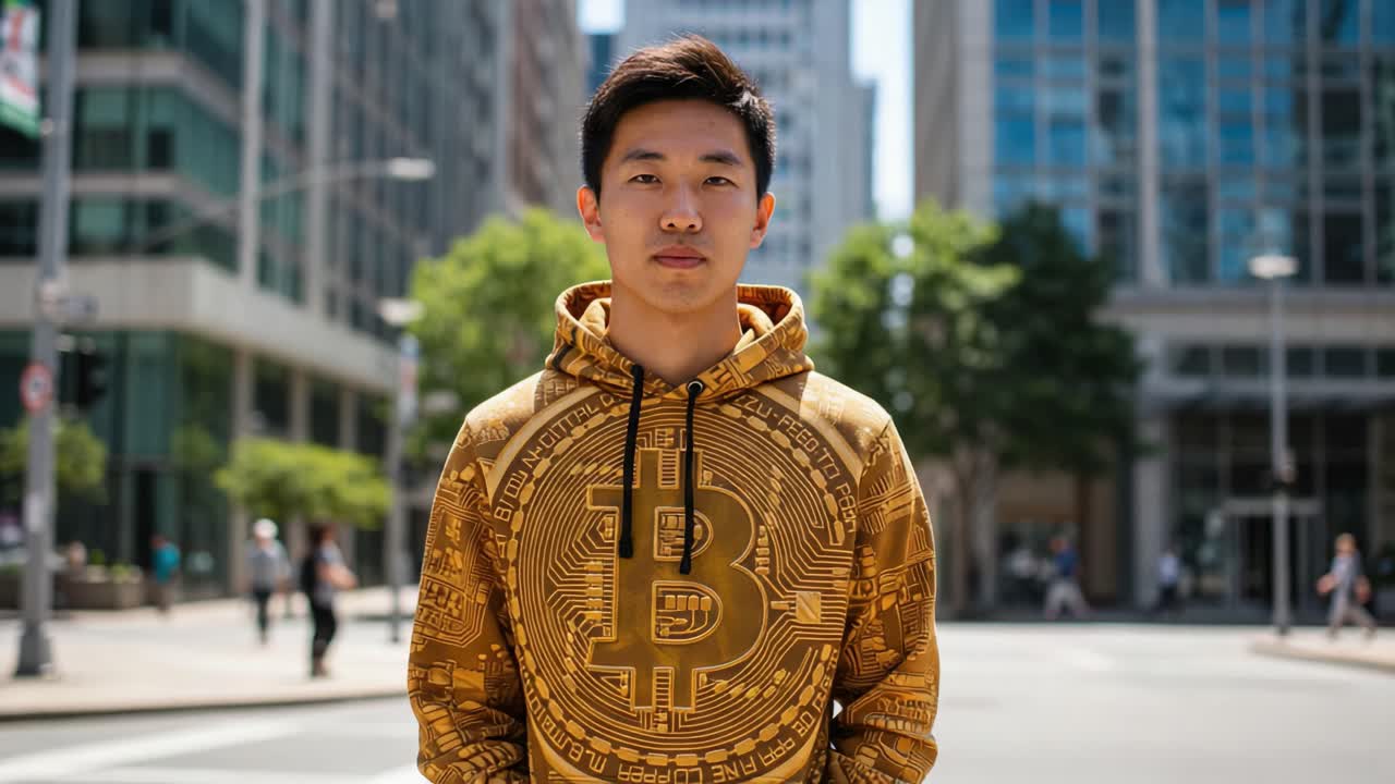 A Young Man Represents the Future of Cryptocurrency in a Vibrant Bitcoin Hoodie, Standing Confidently Amidst a Bustling Urban Scene in Bright Daylight