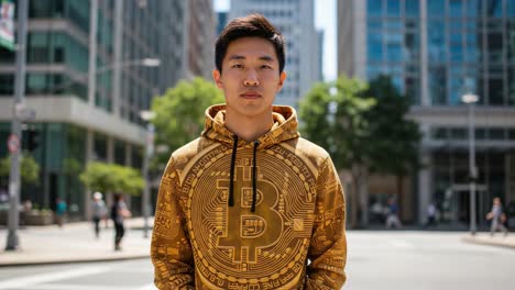 a young man represents the future of cryptocurrency in a vibrant bitcoin hoodie, standing confidently amidst a bustling urban scene in bright daylight