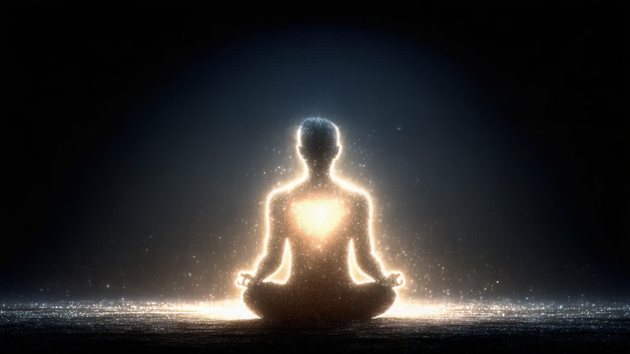 Una figura meditativa circondata da luce eterea, che irradia energia dal cuore in un'atmosfera tranquilla e mistica, ispirando pace interiore e riflessione.