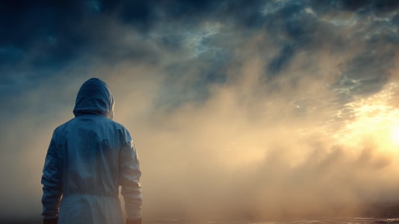 Una Figura Solitaria Vestita con una Tuta Protettiva Bianca Guarda un Orizzonte Nebbioso Mentre l'Alba Dorata Trafigge la Nebbia Eterea, Evocando un Senso di Esplorazione e Meraviglia.
