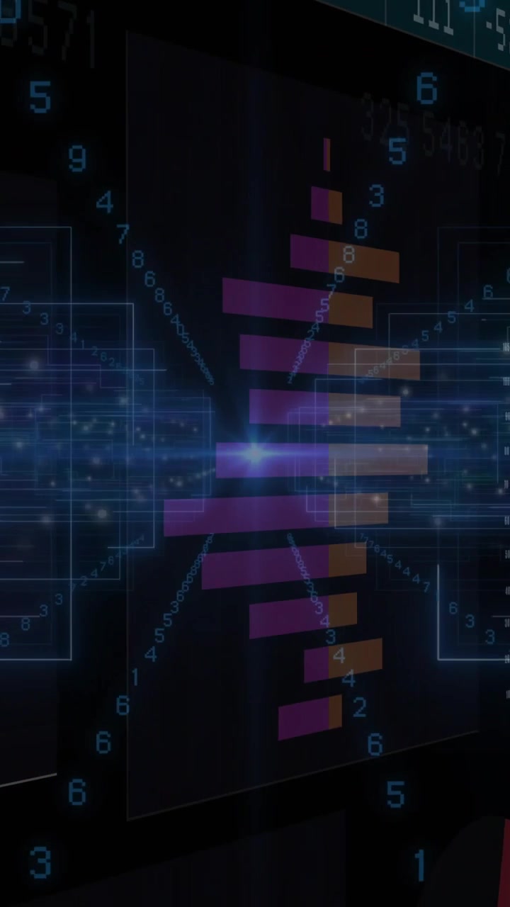 Vertical video: 3D finance panels reacting to cyan pulse, rotating, streaming bars, showing trends