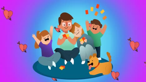 Animation-of-illustration-of-happy-parents-playing-cards-with-son,-daughter-and-dog,-with-hearts