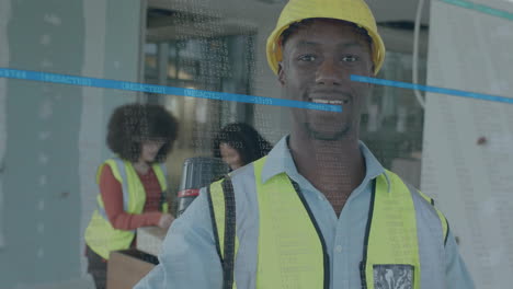 animation of data processing over diverse engineers in hi vis vests