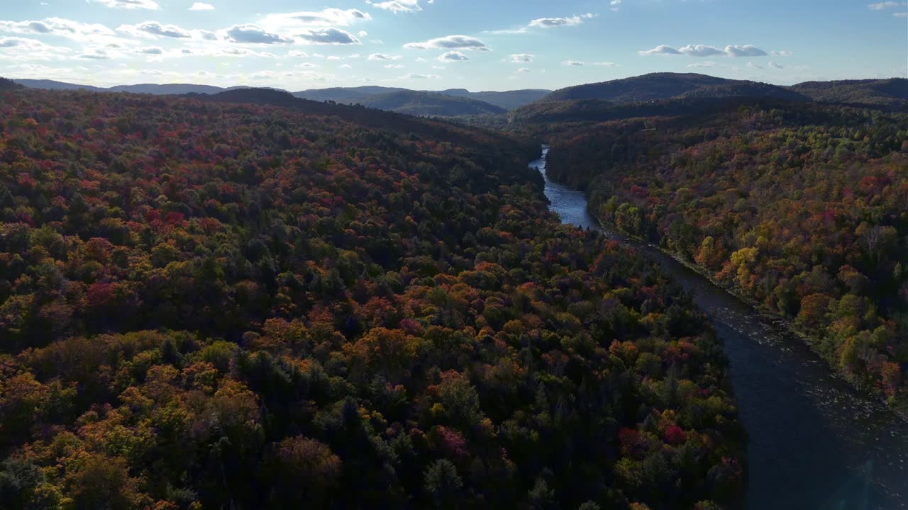 A stunning drone shot of a beautiful river in Canada during autumn, surrounded by vibrant fall foliage in shades of red, orange, and yellow. Nature’s beauty at its finest!