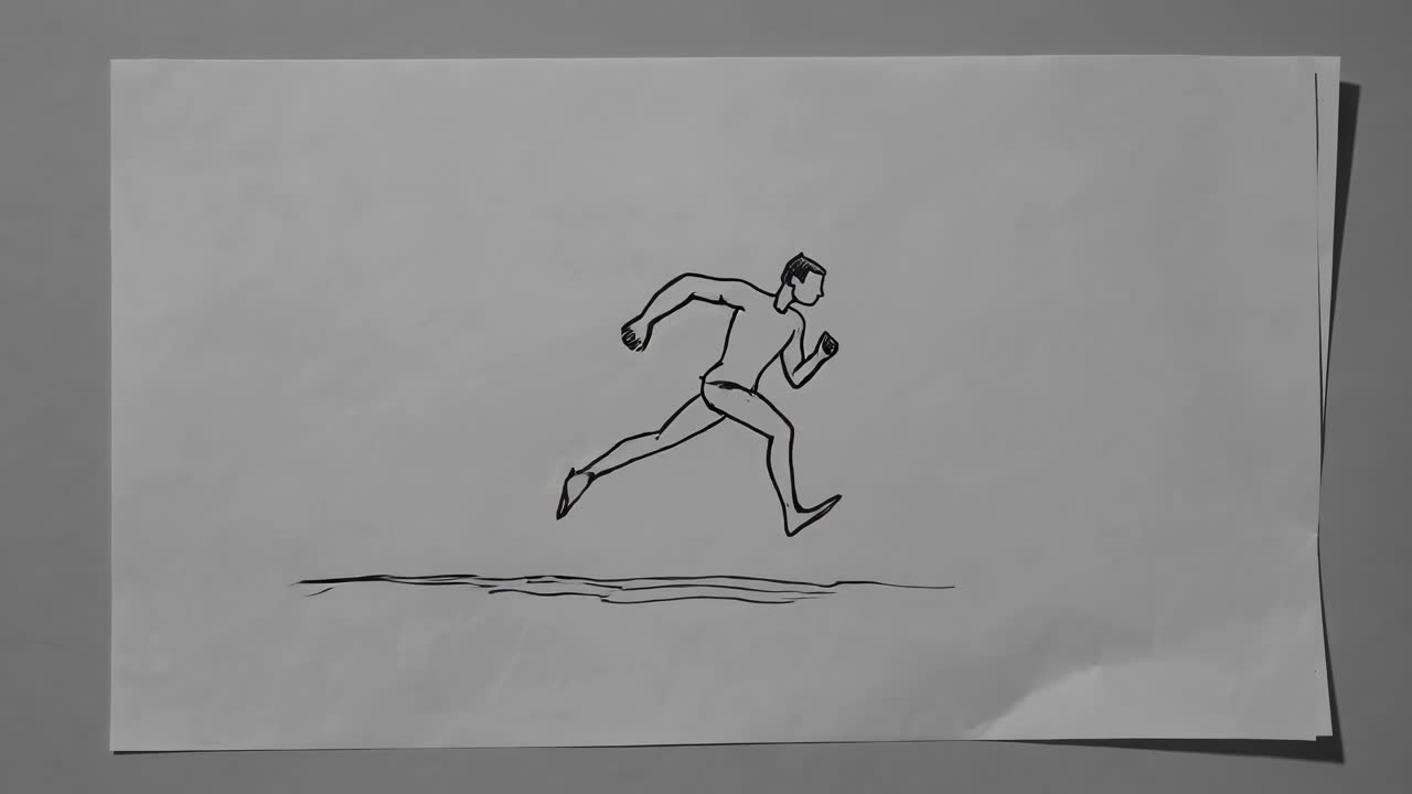 Pencil sketch representing an athlete running with a ball in his hands, part of a frame by frame animation sequence drawn on a sheet of paper