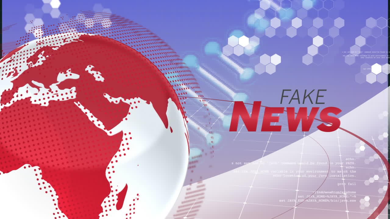 가짜 뉴스 텍스트, 글로브, 연결 네트워크 및 데이터 처리의 애니메이션