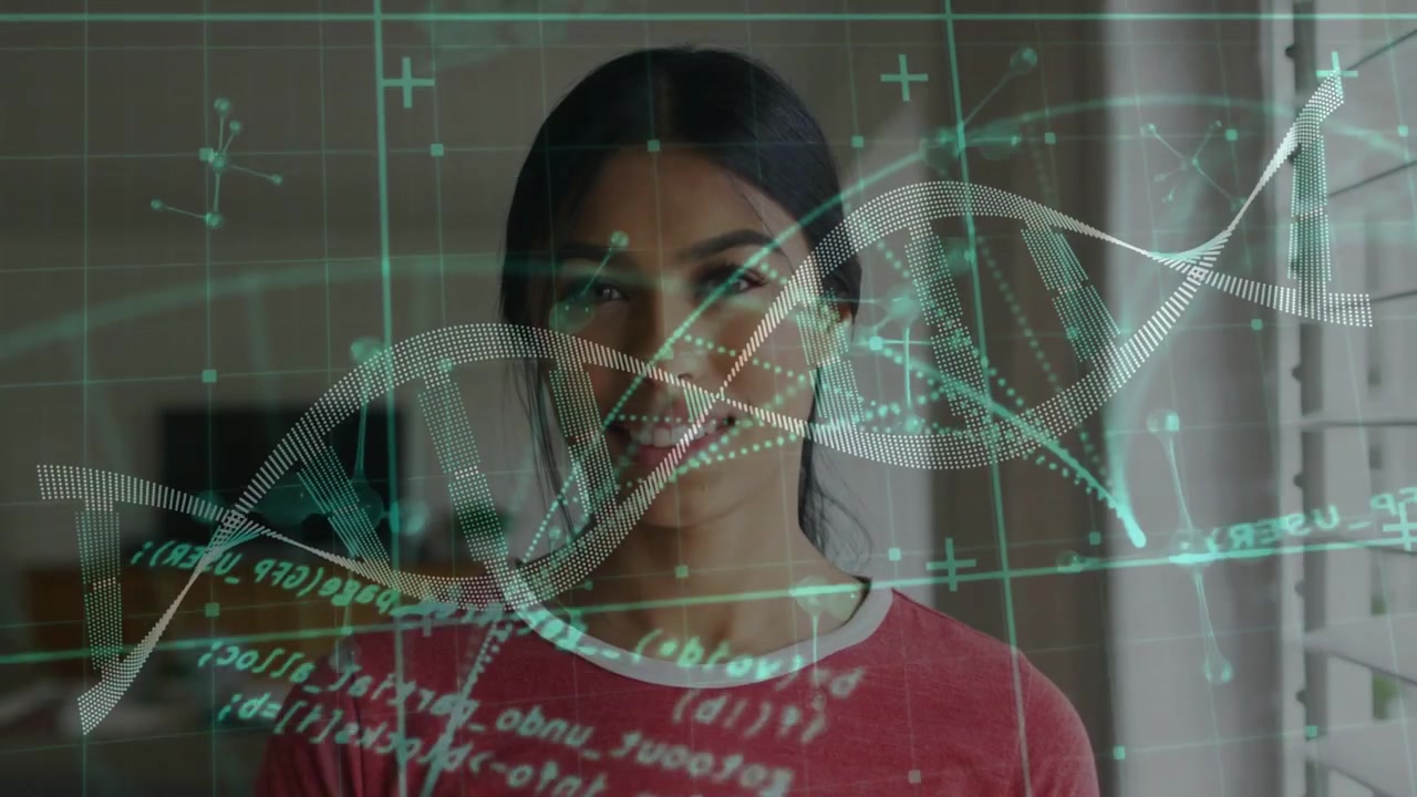 Woman standing in home with science helix overlay appearing smiling and reacting aligning with face