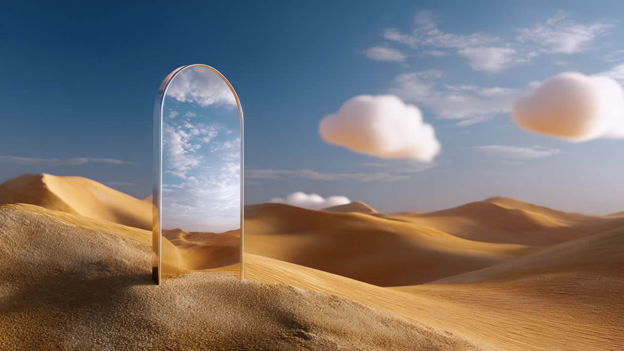 Un paesaggio surreale con uno specchio riflettente solitario in un deserto dorato, che fonde realtà e illusione sotto un vasto cielo blu pieno di nuvole