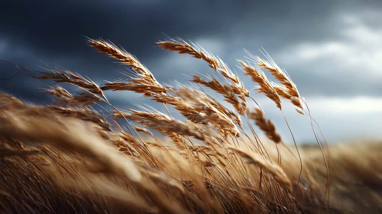 Golden Wheat Swaying Gracefully Beneath Dramatic Skies: Capturing the Beauty of Nature's Bounty in Motion Amidst the Windy Landscape
