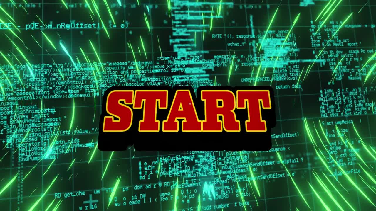 animación de texto rojo de inicio sobre procesamiento de datos y luces verdes brillantes en el fondo