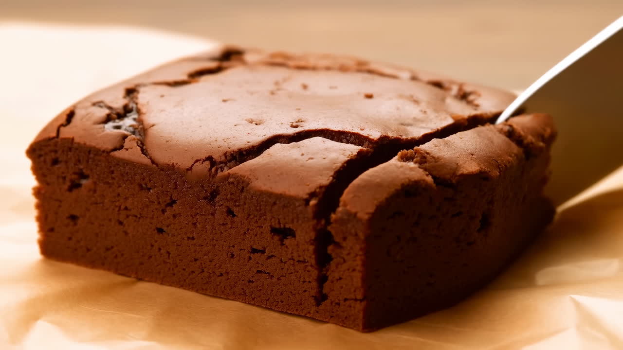 Primo Piano di Brownie al Cioccolato Tagliato con Coltello da Chef su Carta da Forno, Illuminazione Calda Evidenzia la Superficie Screpolata