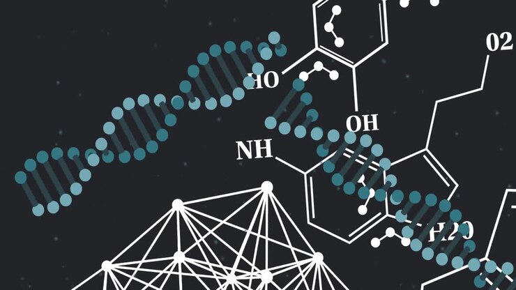 Animazione di elaborazione di dati scientifici e filamenti di DNA che ruotano
