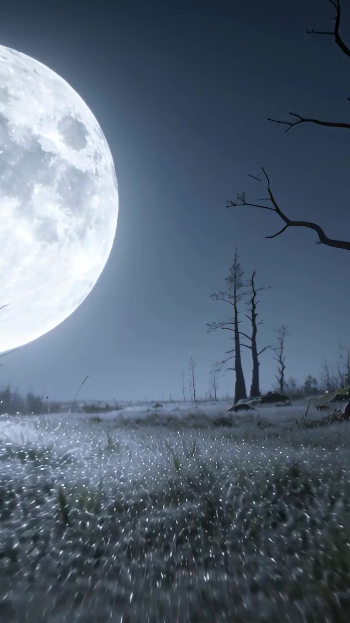 Video verticale: Ripresa bassa scorrevole in avanti che mostra i riflessi della rugiada nella palude, alberi scuri sotto la luna piena