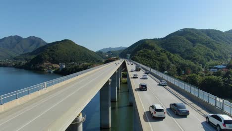 a high bridge over a river