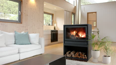 cozy living room with modern fireplace and plants, creating warm holiday atmosphere, copy space