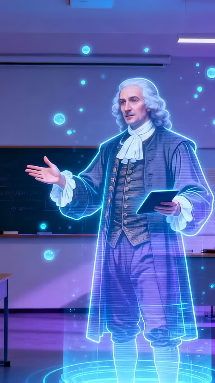 Vertikal video: Hologram som dukker opp i frakk fra perioden som underviser foran klassen, holder nettbrett, kuler