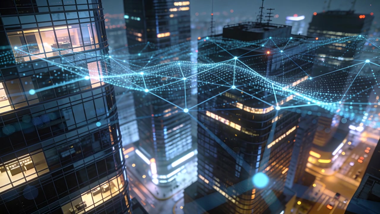 Panning building cluster revealing blue mesh rising across rooftop antennas, implying data flow
