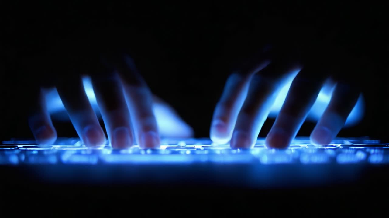 Dita illuminate che digitano su una tastiera retroilluminata in un ambiente buio, concentrandosi sull'interazione dinamica tra mani e tecnologia
