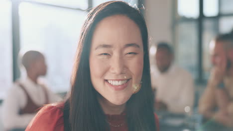 face, team work or japanese woman in a meeting