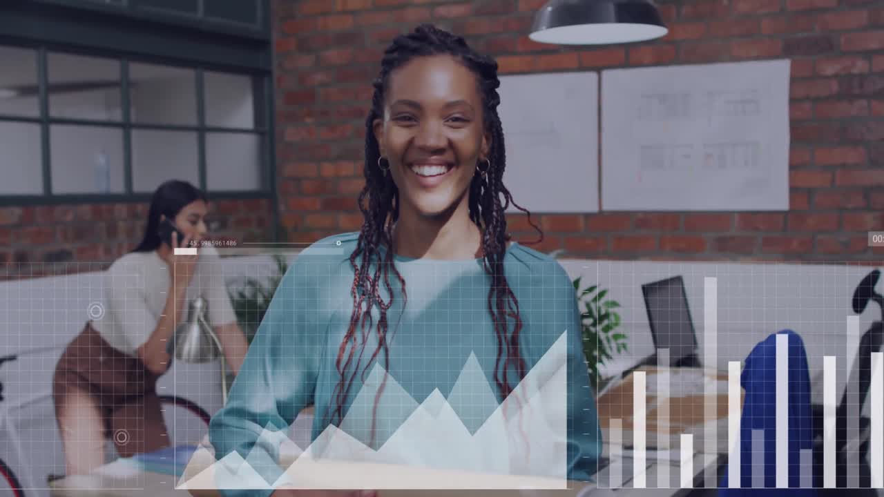 Animation of data processing over diverse business people in office