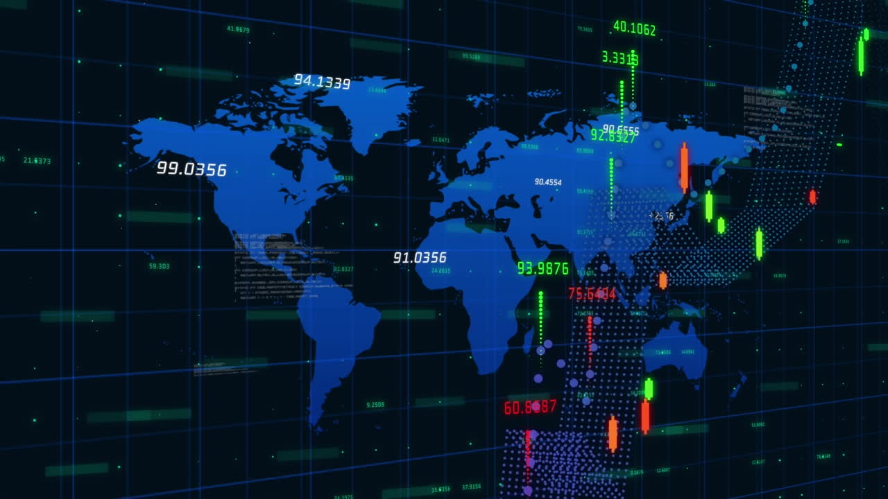 Animation of data processing and world map over black background