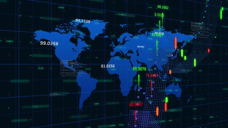 Animation of data processing and world map over black background