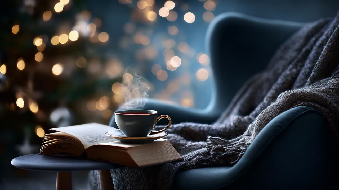 Cozy winter atmosphere with a steaming cup of coffee resting on an open book, warm blanket draped over a chair, and twinkling Christmas lights creating a serene and inviting holiday ambiance