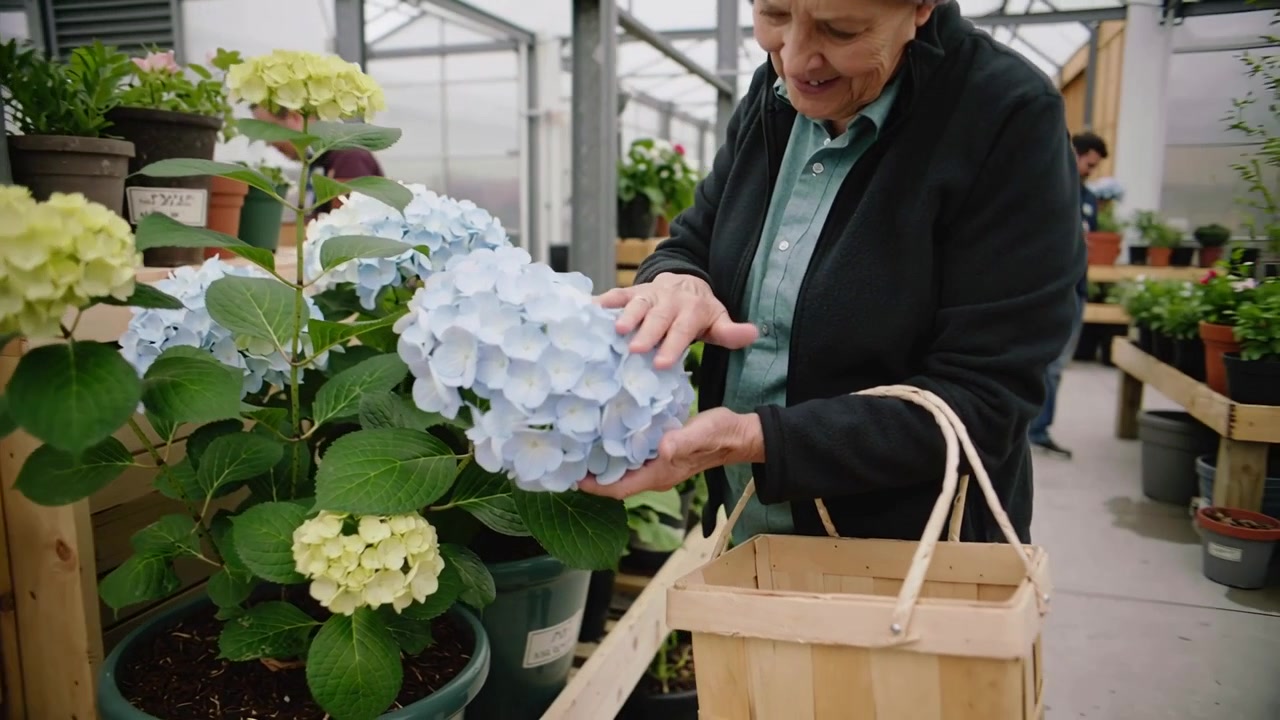 Browsing nursery senior woman in hat, dark coat holding hydrangea to buy, with basket, copy space