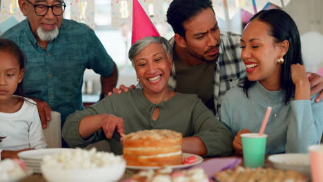 birthday, party and a senior woman with her family